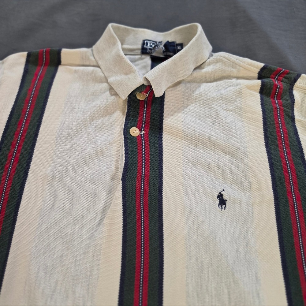 Polo Ralph Lauren Striped Polo Shirt Made in USA XL Cream Green Red Vintage 90s